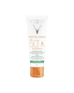 Vichy CAPITAL SOLEIL Matirajuća njega 3-u-1 SPF 50+ vrlo visoka zaštita 50 ml - za svakodnevnu upotrebu obogaćena zelenom glinom i ekstraktima bifidusa za kontrolu masnog sjaja tijekom dana. Bijelo narančasto zelena tuba proizvoda na bijeloj pozadini.