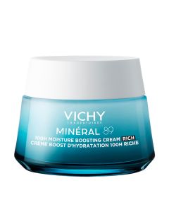 VICHY MINÉRAL 89 Bogata krema za intenzivnu hidraciju tijekom 72 sata za suhe do vrlo suhe kože, 50 ml - zahvaljujući boljoj zaštiti od štetnih vanjskih utjecaja osjećaj na koži je ugodniji zbog ublažavanja zategnutosti. Bijelo plava posudica kreme na bij