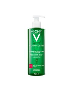 Vichy NORMADERM PHYTOSOLUTION Gel za čišćenje masne kože sklone aknama 400 ml - zeleno bijela bočica proizvoda s pumpicom na bijeloj pozadini.