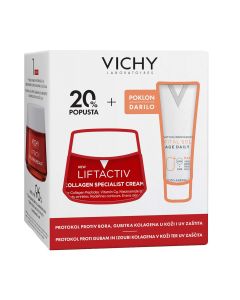 Vichy Protokol protiv bora i UV zaštitu kože - LIFTACTIV COLLAGEN SPECIALIST Dnevna njega protiv bora i za obnavljanje razine kolagena u koži, 50 ml + CAPITAL SOLEIL UV-Age Daily Vodeni fluid za zaštitu od sunca protiv fotostarenja SPF50+, 15 ml.