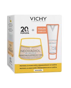 Vichy Protokol za njegu suhe kože u perimenopauzi - NEOVADIOL Dnevna njega za gustoću i punoću kože u perimenopauzi, suha koža, 50 ml + CAPITAL SOLEIL UV-Age Daily Vodeni fluid za zaštitu od sunca protiv fotostarenja SPF50+, 15 ml.