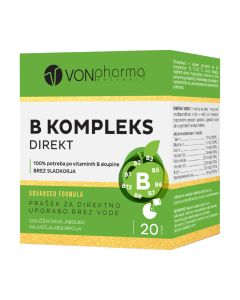 VONpharma B 20 vrećica - u dnevnoj dozi (jedna vrećica) sadrži jedinstvenu kombinaciju svih B vitamina koja osigurava 100% potrebe za svim B vitaminima. Zeleno bijela kutija proizvoda na bijeloj pozadini.