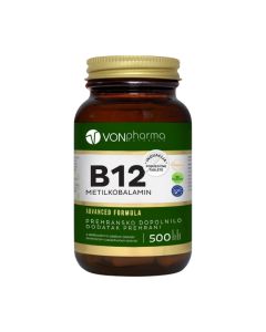 VONPharma B12 METILKOBALAMIN 500 podjezičnih tableta - vitamin B12 je jedan od važnijih vitamina koji je potreban svakoj stanici, već malo pomankanje vitamina B12 dovodi do nastanka umora. Bijelo zeleno smeđa bočica na bijeloj pozadini.