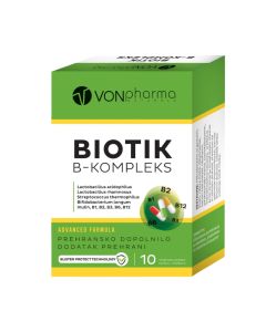 VONpharma Biotik B-kompleks 10 vegeterijanskih kapsula - Biotic B-kompleks je posebno razvijena formulacija za smanjenje negativnih učinaka tijekom uzimanja antibiotika. Zeleno bijela kutija proizvoda na bijeloj pozadini.