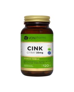 VONPharma Cink Citrat 25 mg 120 tableta - Cink je poznat kao supermineral zbog činjenice da je iznimno važan za naše zdravlje. Uz druge uloge bitan je za normalno djelovanje kognitivnih funkcija. Zeleno bijelo smeđa bočica na bijeloj pozadini.