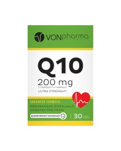 VONPharma CoQ10 ULTRA STRENGHT 200 mg 30 kapsula - Q10 u našem tijelu sudjeluje u mnogim biološkim procesima I radu svih organa, uključujući I kožu. Zeleno bijela kutija proizvoda na bijeloj pozadini.