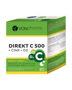 VONPharma Direkt C 500 + Cink + D3 30 vrećica - sadrži tri najistraživanija sastojka koji jačaju imunološki sustav – vitamin C, Cink I Vitamin D3. Ova tri sastojka zajedno jačaju imunološki sustav. Bijelo zelena kutija na bijeloj pozadini.
