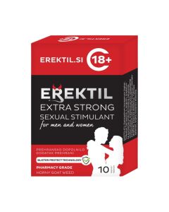 VONpharma Erektil Extra strong 10 kapsula - erektil kapsule izvor su cinka, selena, L-arginina, ekstrakta Tribulus terrestris i ekstrakta Horny goat Weed, dodatak prehrani EREKTIL namijenjen je muškarcima i ženama. Crveno crno bijela kutija proizvoda na b