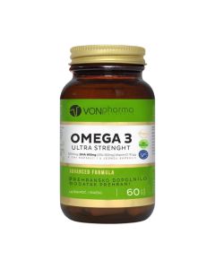 VONpharma OMEGA 3 ULTRA STRENGHT 600 MG DHA 60 kapsula - sastoji se od najčišćeg, molekularno destiliranog ribljeg ulja koje sadrži 600 mg čiste DHK i 300 mg EPK u samo jednoj kapsuli. Bijelo zeleno smeđa bočica na bijeloj pozadini.