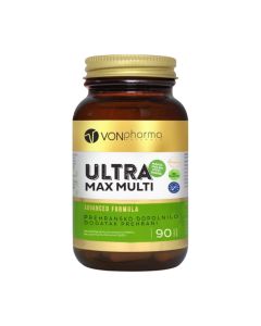 VONpharma Ultra Max Multi 90 tableta - ultra snaga proizvoda osigurava širok spektar vitamina i minerela uz dodatak antioksidansa likopena i luteina. Bijelo zeleno smeđa bočica na bijeloj pozadini.