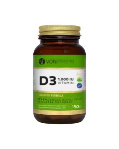 VONpharma Vitamin D3 1000 IU 150 kapsula -  Vitamin D3 je vrlo važan vitamin koji nastaje u tijelu kada je ono izloženo djelovanju UVB zraka. Bijelo zeleno smeđa bočica proizvoda na bijeloj pozadini.