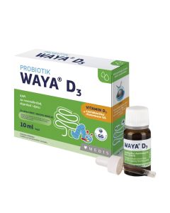 Waya Biotic D3 kapi 100 ml - za odgovarajući dnevni unos vitamina D3 koji je potreban za normalan rast i razvoj kostiju. Bijelo zelena kutija i bočica proizvoda na bijeloj pozadini.