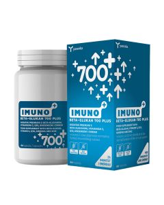 Yasenka imuno BETA GLUKAN 700 PLUS - Dodatak prehrani s beta glukanom, vitaminom C, Q10, ginsengom i cinkom. Potpuna formula za energiju, imunitet i koncentraciju. Bijelo plava bočica proizvoda i plavo bijela kutija na bijeloj pozadini.