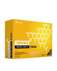 Yasenka Imuno ROYAL JELLY 1500 - Matična mliječ predstavlja vrhunac prirodne biosinteze zbog kombinacije tvari koje unikatno pronalazimo samo u njezinom sastavu. Proizvod je u žutoj bijeloj kutiji na bijeloj pozadini.