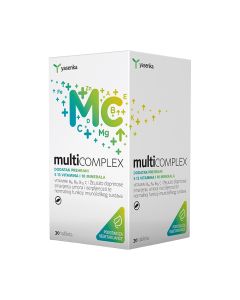 Yasenka Multi Complex Kapsule - Optimalna dnevna doza vitamina i minerala. Dodatak prehrani s 13 vitamina i 9 minerala. Proizvod je u bijelo zeleno plavo žutoj kutiji na bijeloj pozadini.