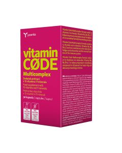 Yasenka multiCOMPLEX kapsule 30 kom - sadrži 13 vitamina i 9 minerala. Vitamini B6, B9, B12, C i željezo doprinose smanjenju umora i iscrpljenosti te normalnoj funkciji imunološkog sustava. Roza zelena kutija proizvoda na bijeloj pozadini slikana iz kuta.