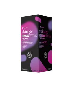 Yasenka Skinage Collagen Prestige 10000 - Sadrži 10.000 mg hidroliziranog kolagena, 100 mg hijaluronske kiseline, 100 mg vitamina C, vitamini B komplexa, mangan i cink. Proizvod je u crno ljubičastoj kutiji na bijeloj pozadini.