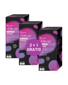 Yasenka Skinage COLLAGEN PRESTIGE 10000 2+1 gratis - kombinacija sastojaka koja osigurava vašoj koži bržu obnovu, štiti stanice od oksidativnog stresa, smanjuje bore i vrača mladenački izgled. Crno roze kutije proizvoda na bijeloj pozadini.