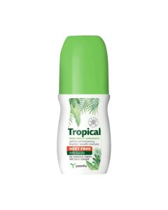 Yasenka TROPICAL SPREJ PROTIV KOMARACA 100 ml -  sprej protiv komaraca, krpelja i drugih insekata. Zaštita za cijelu obitelj. Zaštita traje 12 sati. Bijelo zelena bočica na bijeloj pozadini.