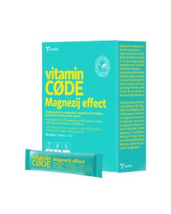 Yasenka Vitamin CODE Magnezij EFFECT 20 vrećica x 375 mg - odaci prehrani na bazi magnezija doprinose normalnoj funkciji mišića i živčanog sustava. Plavo zeleno žuta kutija na bijeloj pozadini i vrećica pored.