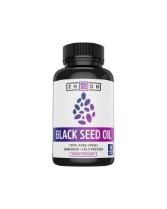 Zhou Nutrition Black Seed Oil. Proizvod je u crnoj bočici s ljubičastom etiketom na bijeloj pozadini.