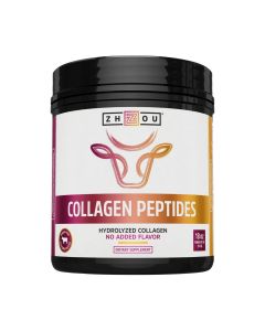 Zhou Nutrition Collagen Peptides - je 100% čisti protein kolagena u prahu bez okusa i odlične topljivosti u vodi. Proizvod je u ljubičasto zlatnoj boci sa crnim poklopcem na bijeloj pozadini.