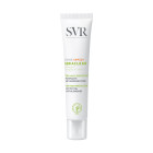 SVR Sebiaclear krema SPF50 za zaštitu mješovite i masne kože od sunca. Uklanja mrlje i mitesere, dugotrajno hidratizira i matira, sprječava stvaranje tamnih mrlja od UV zraka. Bijelo zeleno narančasta tuba proizvoda na bijeloj pozadini.