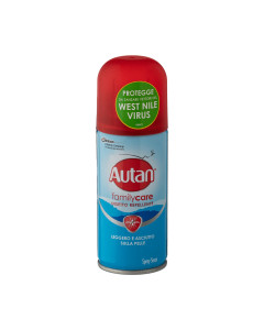 Autan family care suhi sprej za zaštitu od komaraca 100 ml - Suhi sprej štiti od komaraca do 4 sata. Ovo učinkovito i nježno sredstvo se ne osjeća na koži zahvaljujući svojoj laganoj i suhoj formuli. Crveno plava bočica sa špricom na bijeloj pozadini.