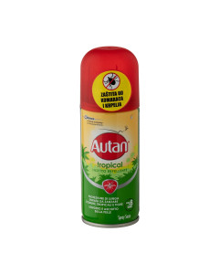 Autan Tropical suhi sprej za zaštitu od komaraca i krpelja 100 ml - idealan je za osobe koje duže borave u prirodi te za posjete tropskim krajevima. Ovaj suhi sprej štiti od komaraca i krpelja. Crveno žuto zelena bočica sa špricom na bijeloj pozadini.