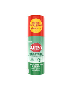 Autan Tropical repelentni sprej 50 ml - sprej zahvaljujući praktičnom obliku idealan je za svaku torbu. Ovaj sprej štiti od običnih, tropskih i tigrastih komaraca do 8 sati. Crveno bijelo žuto zelena bočica sa špricom na bijeloj pozadini.