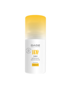 BABÉ 24H Roll-on deodorant 50 ml - Formulirano s kompleksom protiv neugodnih mirisa koji aktivno neutralizira miris tijela, dopuštajući koži da prirodno diše. Bijelo narančasta bočica proizvoda na bijeloj pozadini.
