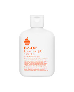Bio-Oil Losion 175 ml - hidratantni losion za tijelo, formuliran je za hidrataciju i obnavljanje suhe kože, pomaže u održavanju prirodne ravnoteže vlažnosti kože. Bijelo narančasta boca proizvoda na bijeloj pozadini.