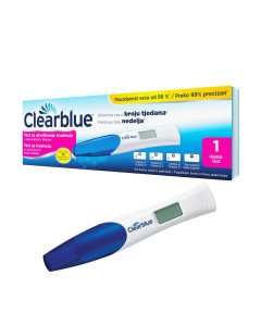 ClearBlue Digital test za utvrđivanje trudnoće s pokazateljem tjedana - prvi je i jedini test koji je pouzdan kao i ultrazvuk u utvrđivanju trajanja trudnoće. Plavo žuto roza kutija na bijeloj pozadini.