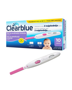 ClearBlue ovulacijski digitalni test - ovulacijski digitalni test s 10 trakica i 1 čitač rezultata. Pouzdanost veća od 99% u utvrđivanju vaša dva najplodnija dana- uz jasne rezultate bez pogreške. Proizvod je u ljubičasto plavoj kutiji na bijeloj pozadin
