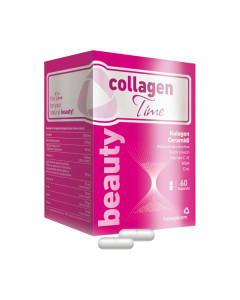 CollagenTime Beauty kapsule - dodatak prehrani dolazi u praktičnom pakiranju u obliku kapsula. Pomaže u rastu i čvrstoći noktiju i kose, smanjenju bora. Rozo bijela kutija i bijele kapsule na bijeloj pozadini.