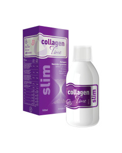 CollagenTime Slim, 500 ml - djeluje na ljepotu kože, a ujedno ubrzava aktivno mršavljenje, jača zdravu strukturu kože i smanjuje celulit te vraća tonus koži. Ljubičasto bijela kutija i bočica proizvoda na bijeloj pozadini.