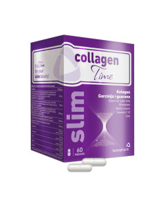 CollagenTime Slim kapsule - ubrzava aktivno mršavljenje, jača zdravu strukturu kože, smanjuje celulit i vraća tonus koži, a oblik u kapsulama vrlo je lako popiti sa čašom vode. Ljubičasto bijela kutija i bijele tablete proizvoda na bijeloj pozadini.