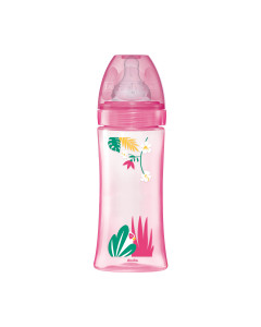 Dodie Plastična bočica + Anti-colic +6 mj s okruglim sisačem roza boja, 330 ml - s patentiranim sustavom dvostrukih ventila protiv kolika i okruglim sisačem s 3 protoka. Roza bočica s cvijećem i bijelom papigom na bijeloj pozadini.