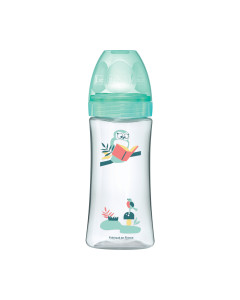 Dodie Plastična bočica + Anti-colic +6 mj s okruglim sisačem zelena boja, 330 ml - s patentiranim sustavom dvostrukih ventila protiv kolika i okruglim sisačem s 3 protoka. Zelena bočica sa sovom i ptičicom na bijeloj pozadini.