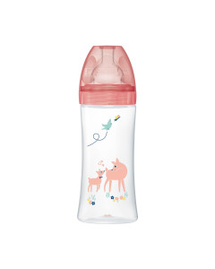 Dodie Plastična bočica + Anti-colic +6 mj s ravnim sisačem roza boja, 330 ml - ima ravni sisač s anti-colic sustavom integriranim u sisač zahvaljujući patentiranom dvostrukom ventilu. Roza bočica sa srnama na bijeloj pozadini.