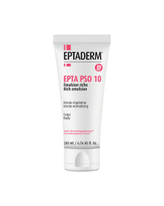 EPTADERM EPTA PSO 10 bogata emulzija 200 ml -  formula emulzije podupire uklanjanje ljuskica, smanjuje crvenilo i svrbež te pruža dugotrajnu hidrataciju. Bijelo roza tuba proizvoda na bijeloj pozadini.