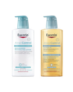 Eucerin AtopiControl losion za tijelo 400 ml + ulje za tuširanje 400 ml SET 2025 - tretmani za hidrataciju i higijenu suhe kože tijela.