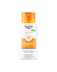 Eucerin Gel-krema za zaštitu kože osjetljive na sunce SPF 50+ 150 ml - posebno formulirana za kožu sklonu alergijama od sunca kao što je polimorfna svjetlosna erupcija (PLE). Narančasto bijela boca proizvoda na bijeloj pozadini.