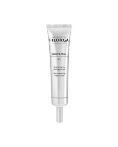 Filorga Sleep & Peel 4.5 mikro-piling noćna krema 40 ml - bore su zaglađene, beživotnom tenu je vraćena prirodna blistavost, tekstura kože je ujednačena i pročišćena. Srebrna tuba proizvoda na bijeloj pozadini.