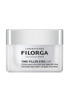 Filorga TIME-FILLER 5-XP EYES  korektivna krema za područje oko očiju 15 ml - inspirirana je s 5 tehnika estetske medicine koje djeluju na 5 ciljanih područja. Srebrno bijela posudica proizvoda na bijeloj pozadini.