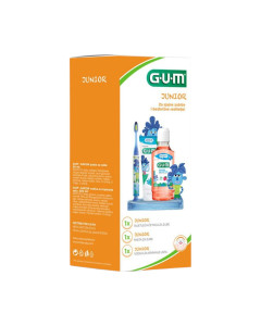 GUM Junior Paket - zabavna svakodnevna rutina za zdrave dječje zube, sadrži svjetleću četkicu za zube, pastu za zube s okusom tutti-frutti, te vodicu za ispiranje usta s okusom jagode.
