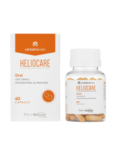 HELIOCARE Oral Capsules - kapsule štite organizam iznutra od štetnih učinaka sunčevog zračenja, pomažući u sprječavanju foto-starenja i alergijskih reakcija na sunce. Bijelo narančasta kutija i bočica proizvoda na bijeloj pozadini.