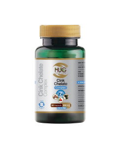 HUG YOUR LIFE Cink Chelate Complex - sadrži kombinaciju 4 visoko apsorbirajućih oblika cink kelata dnevne doze od 15 mg (150% PU) čime se postiže maksimalna bioraspoloživost. Proizvod je u zelenoj bočici s sivom etiketom na bijeloj pozadini.