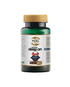 HUG YOUR LIFE Natural Sleep On proizvod je na bazi L-Triptofana, Melatonina i B vitamina koji djeluje umirujuće i opuštajuće te omogućuje brže uspavljivanje, dublji i kvalitetniji san. Proizvod je u zelenoj bočici s sivom etiketom na bijeloj pozadini.