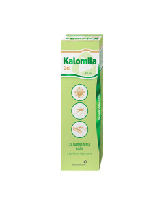 Kalomila Gel 50 ml - prirodnom snagom kamilice i aloe vere umiruje i njeguje kožu nakon uboda insekata, ožeglina meduza ili predugog izlaganja suncu. Zeleno smeđa kutija proizvoda na bijeloj pozadini.